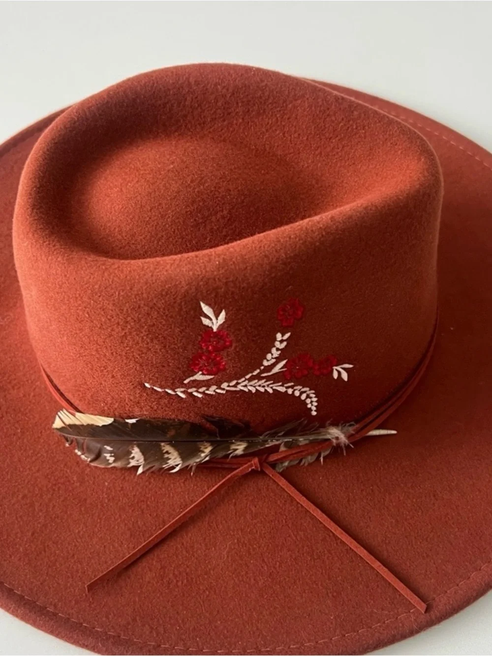 Johnny Was Fedora Hat Rust Color Embroidered Wool with Blue Hummingbird Feather